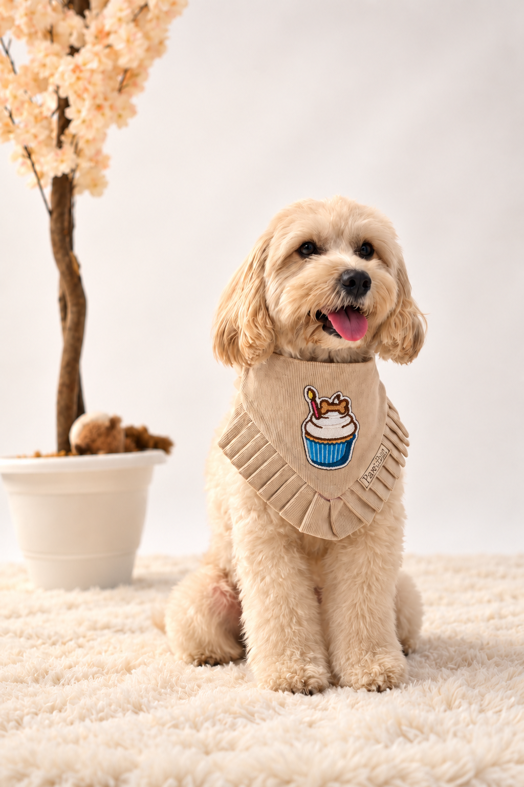 Corduroy Bandana in Cream with velcro patch – Cupcake patch, view 2