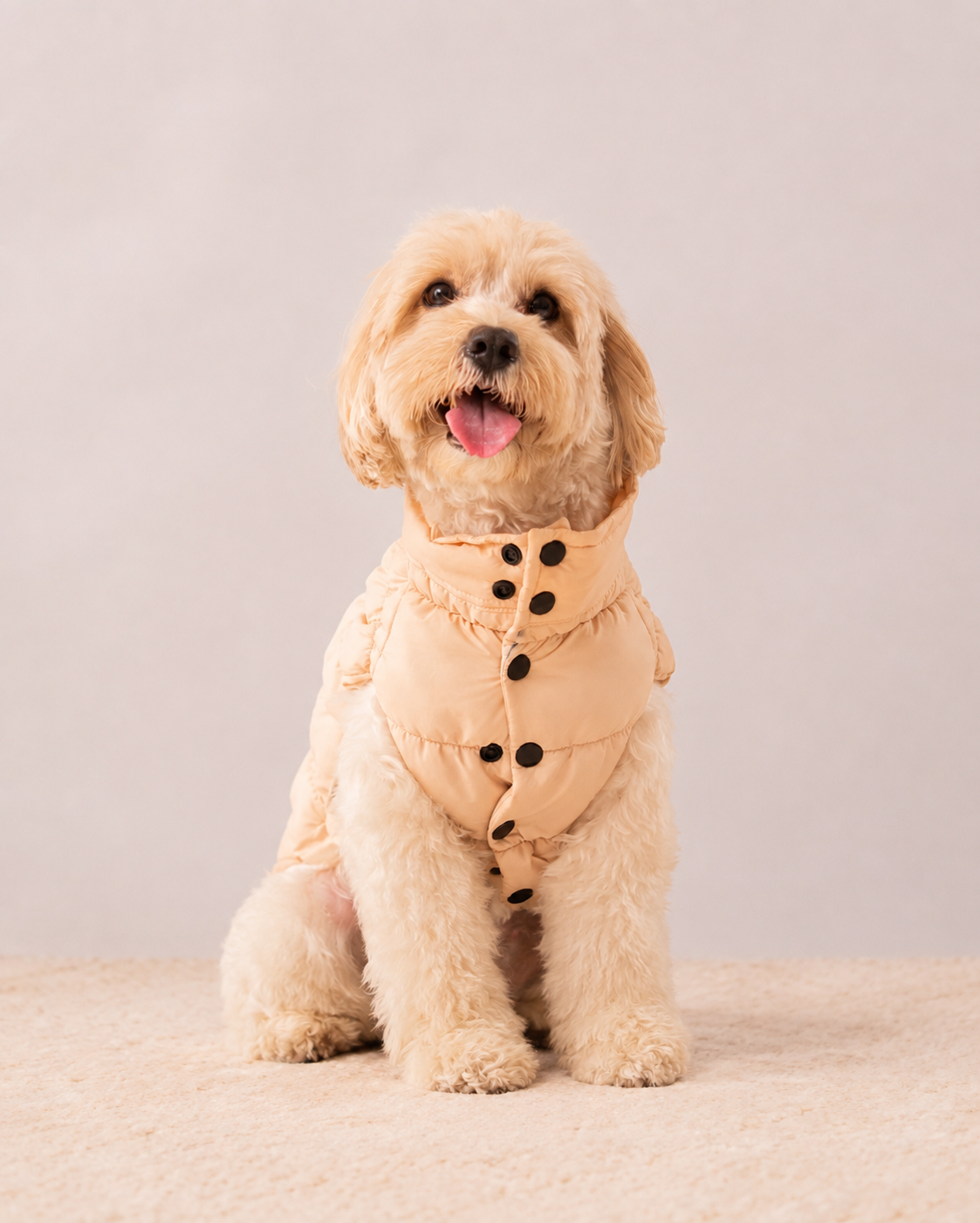 Puffer Jacket in Cream on a dog