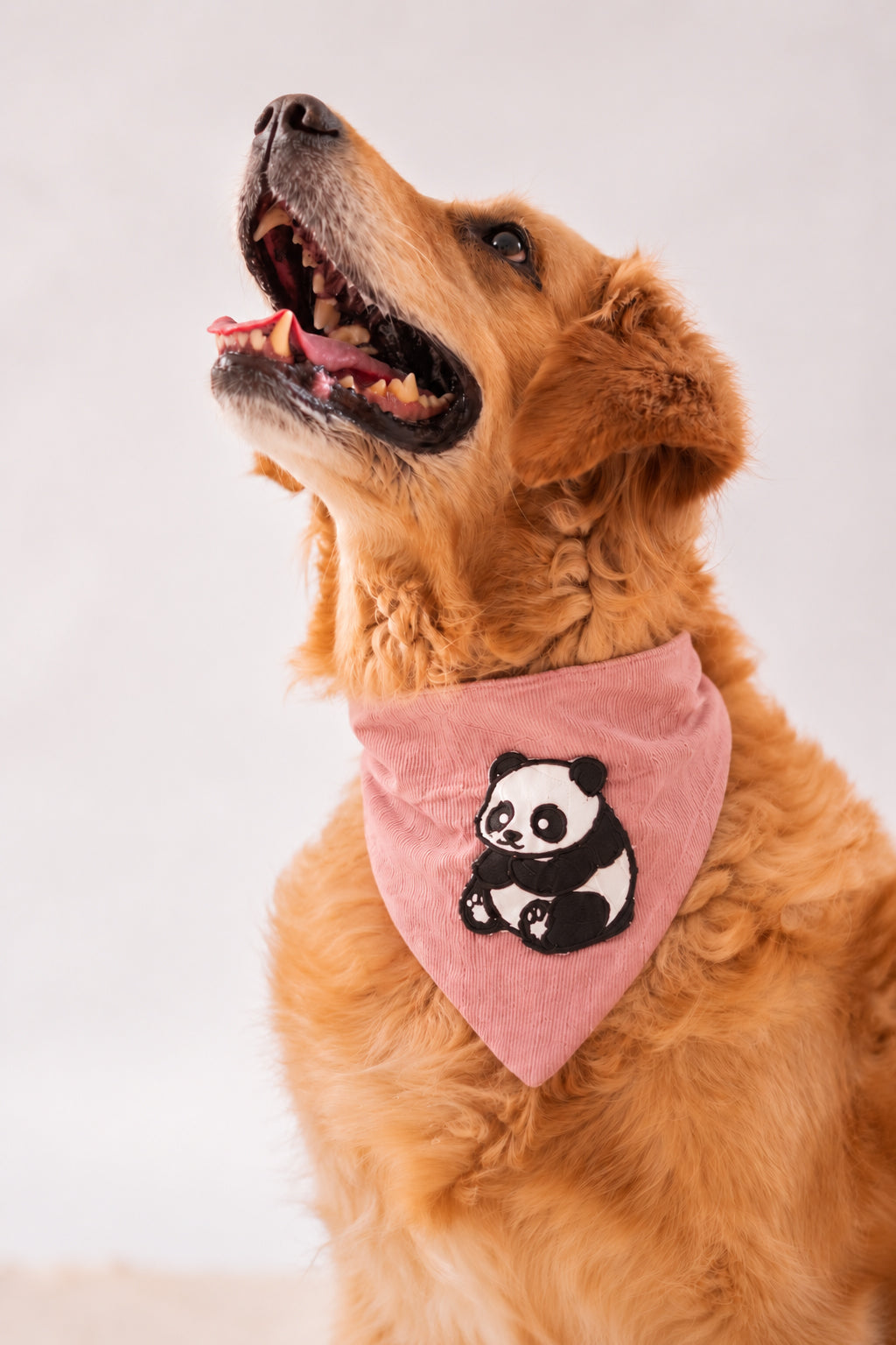 Corduroy Bandana in Baby Pink with velcro patch – Panda patch, close-up