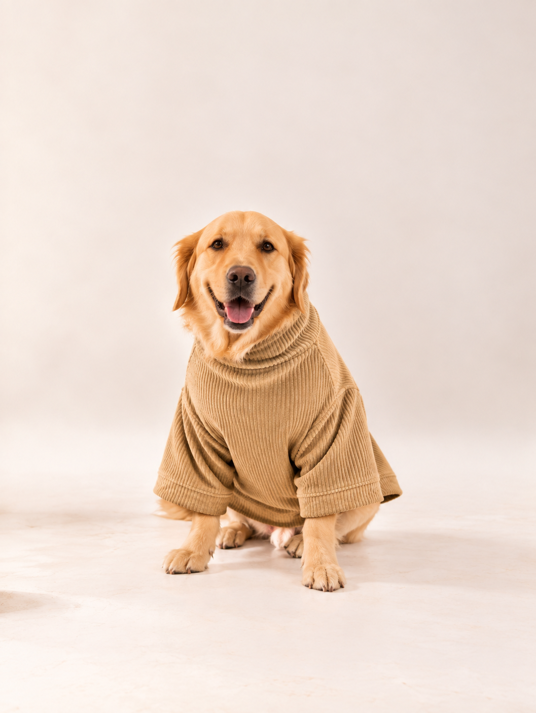 Velvet Corduroy Sweatshirt in Khaki Grey on a dog